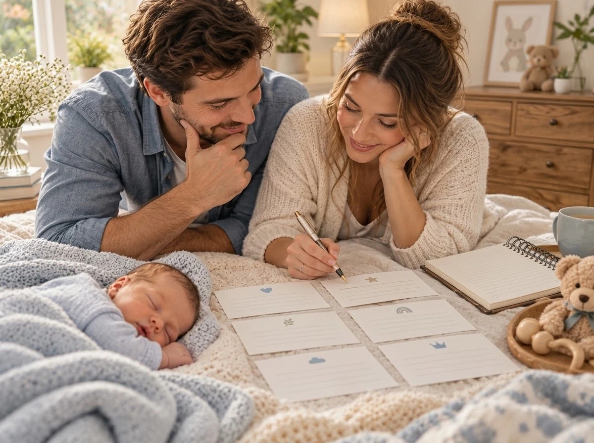 Parents comparing a shortlist before choosing their baby boy&rsquo;s name.