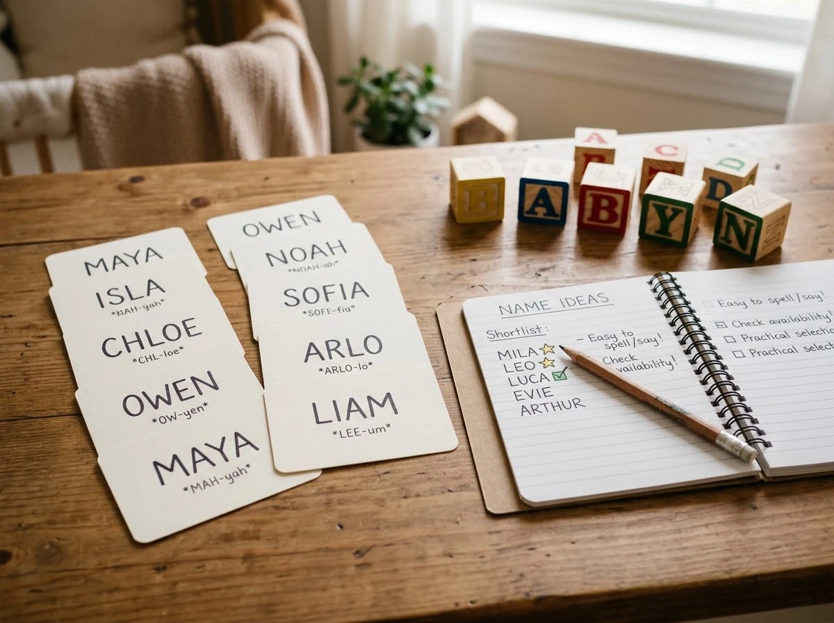 Short baby name shortlist and pronunciation checklist.