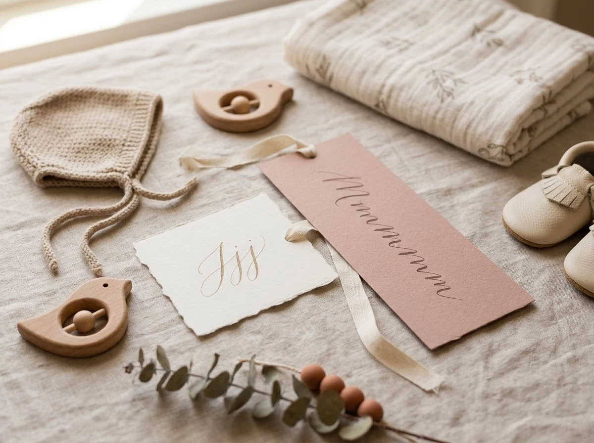 Visual concept for matching a short baby name with a surname.