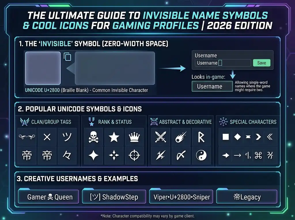 The ultimate guide to invisible name symbols and cool icons for gaming profiles 2026 | NickFinder.io