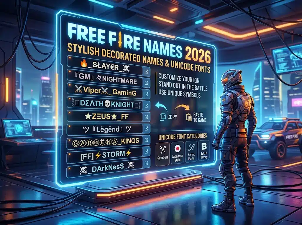 Free Fire names 2026 — stylish decorated names with Unicode fonts for Garena Free Fire | NickFinder.io