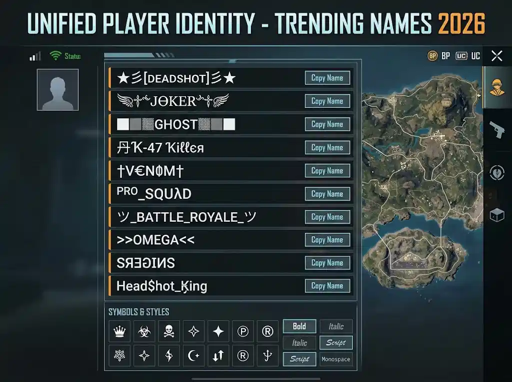PUBG Mobile gaming names 2026 — decorated Unicode styles and symbols | NickFinder.io