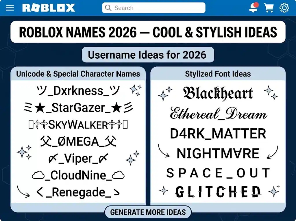 Roblox names 2026 — cool stylish Roblox username ideas with Unicode fonts | NickFinder.io