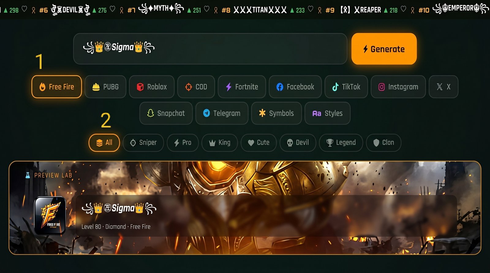 Free Fire profile with cool customized nickname 2026