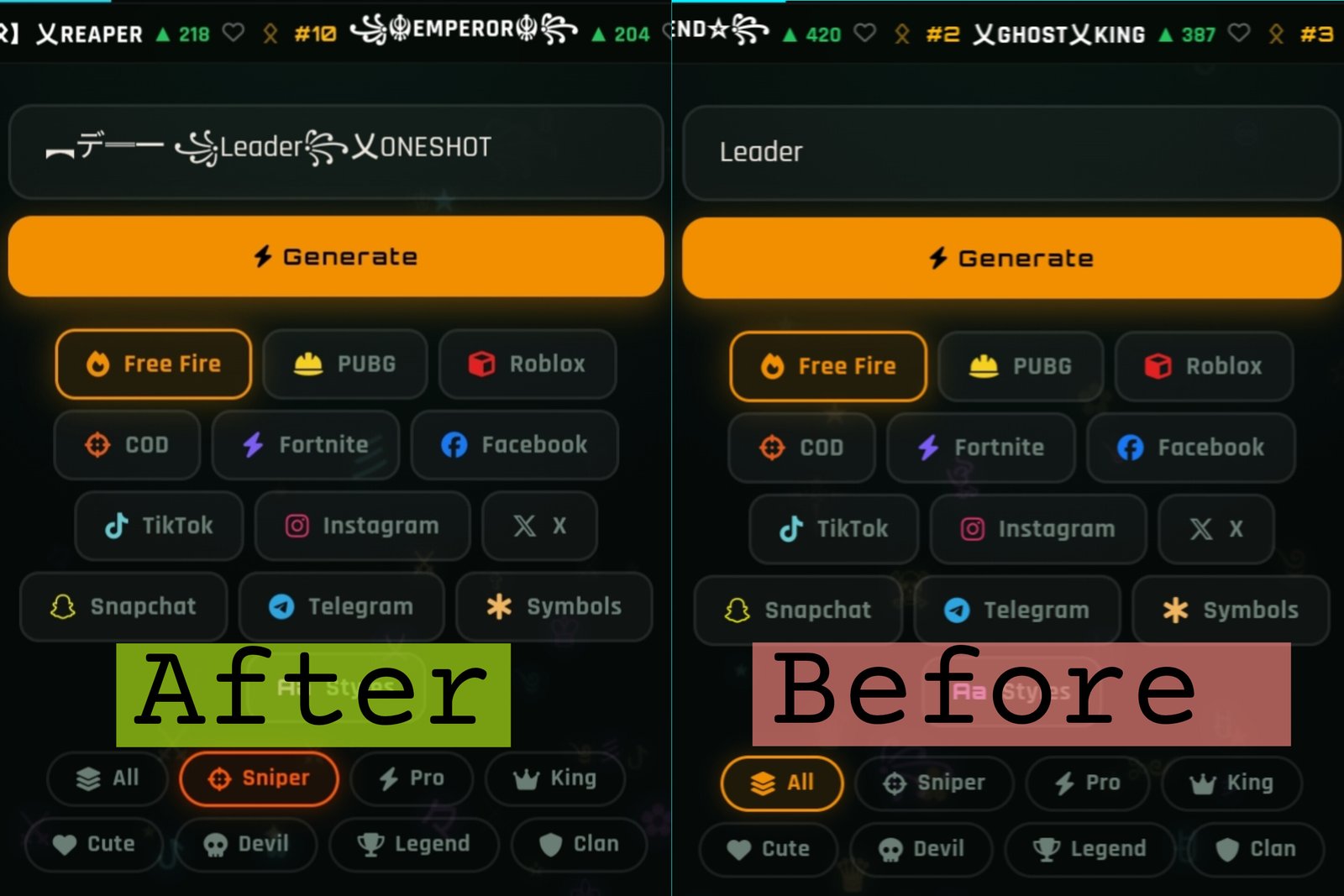 Comparison of plain and stylish Free Fire names