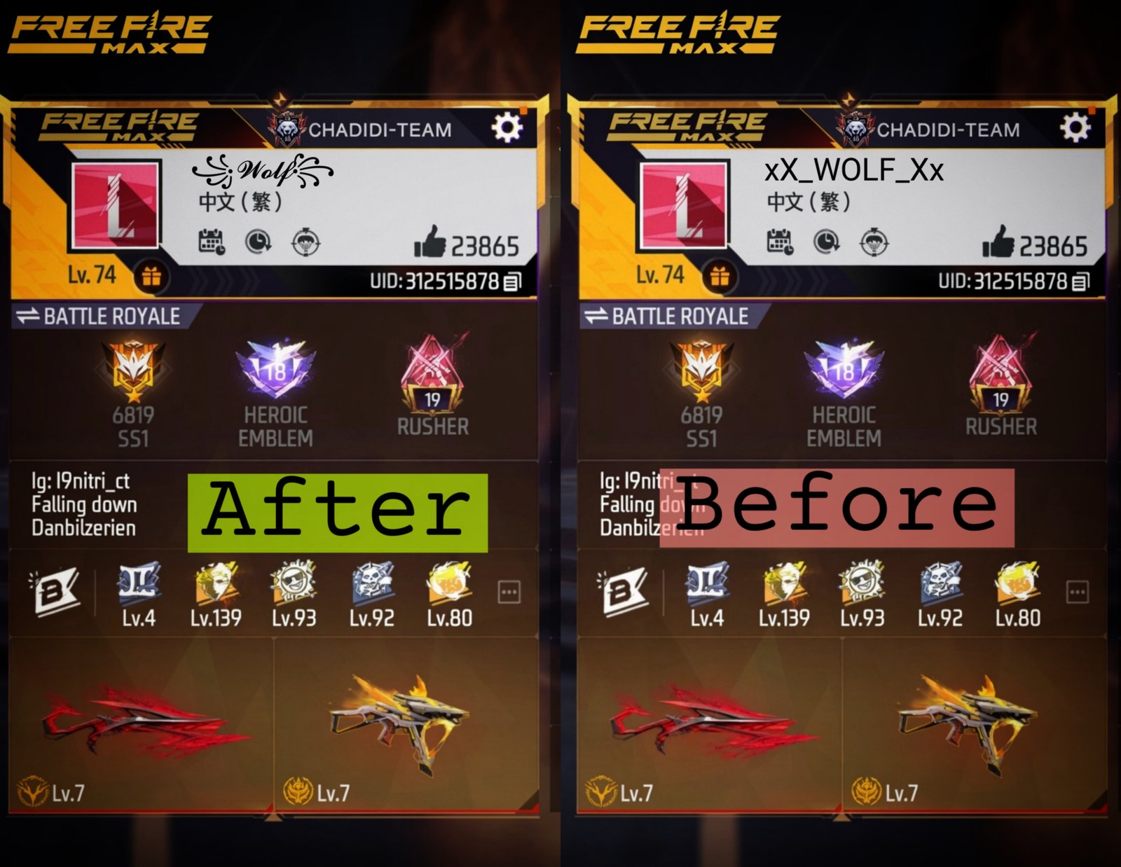 Side by side comparison of plain vs decorated gaming names in a lobby