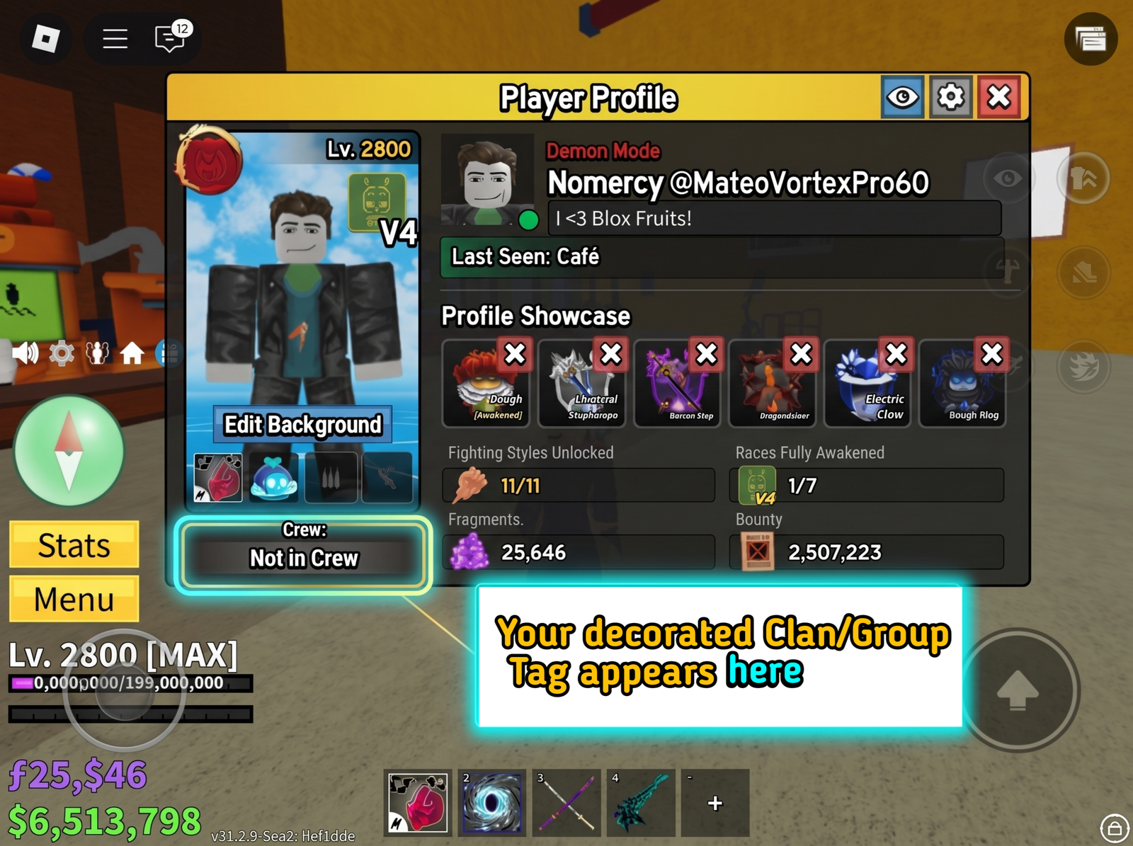 Roblox player profile showing styled display name and group tag 2026