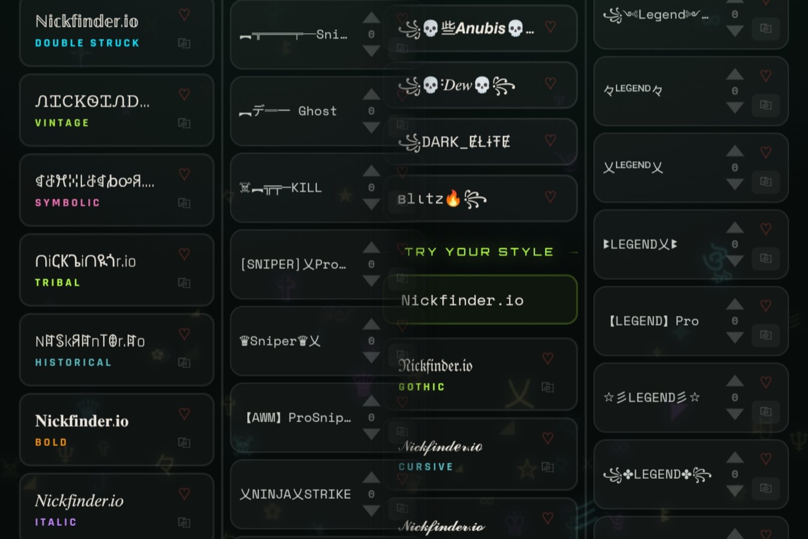 All 19 NickFinder text styles displayed side by side for comparison 2026