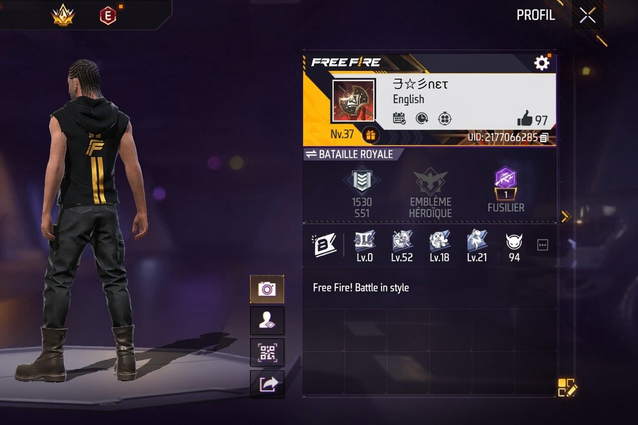 Free Fire lobby showing player names with different frame symbol combinations